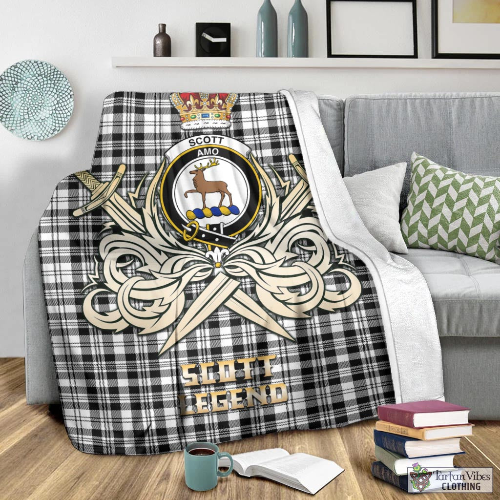 Tartan Vibes Clothing Scott Black White Tartan Blanket with Clan Crest and the Golden Sword of Courageous Legacy