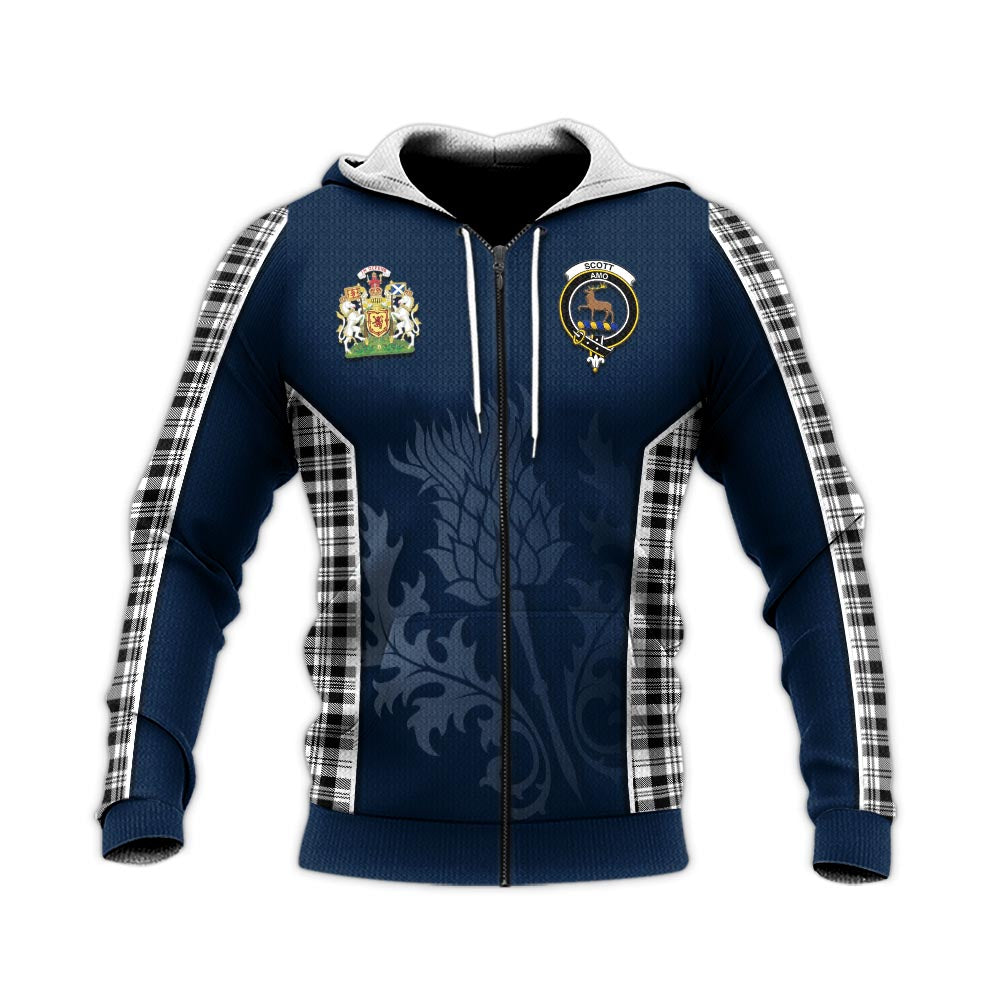 Tartan Vibes Clothing Scott Black White Tartan Knitted Hoodie with Family Crest and Scottish Thistle Vibes Sport Style