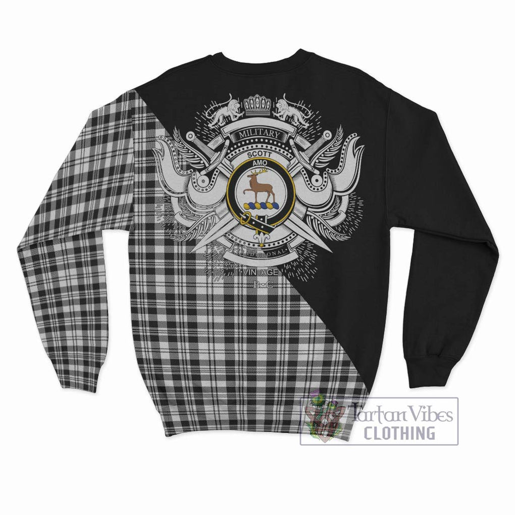 Scott Black White Tartan Sweatshirt with Family Crest and Military Logo Style - Tartanvibesclothing Shop