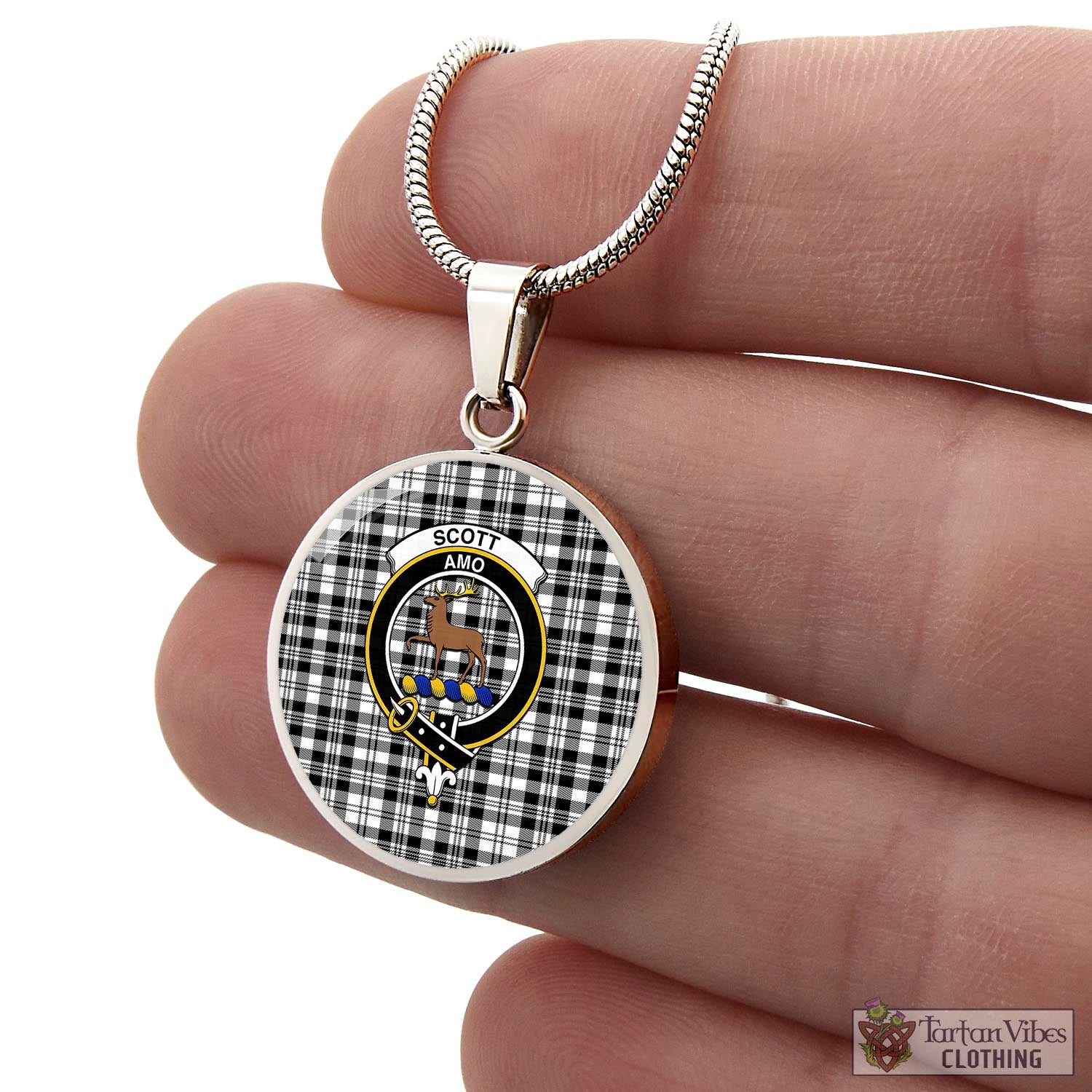 Tartan Vibes Clothing Scott Black White Tartan Circle Necklace with Family Crest