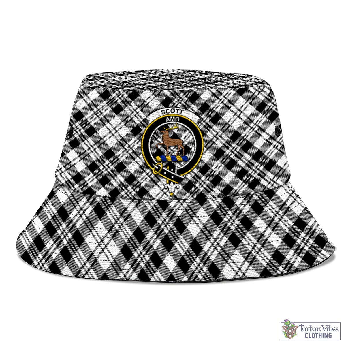 Tartan Vibes Clothing Scott Black White Tartan Bucket Hat with Family Crest