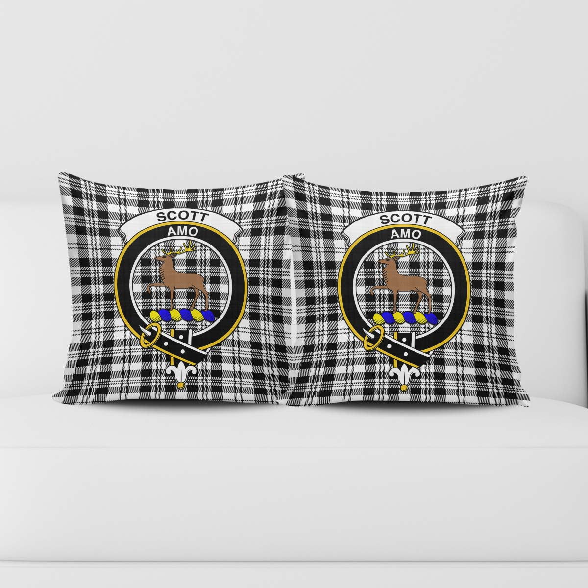 Scott Black White Tartan Pillow Cover with Family Crest - Tartanvibesclothing