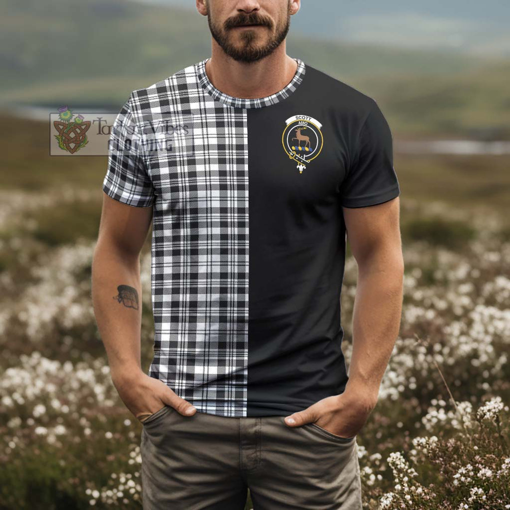 Scott Black White Tartan T-Shirt with Family Crest and Half Of Me Style - Tartanvibesclothing Shop