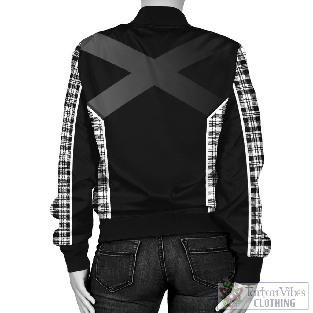 Tartan Vibes Clothing Scott Black White Tartan Bomber Jacket with Family Crest and Scottish Thistle Vibes Sport Style