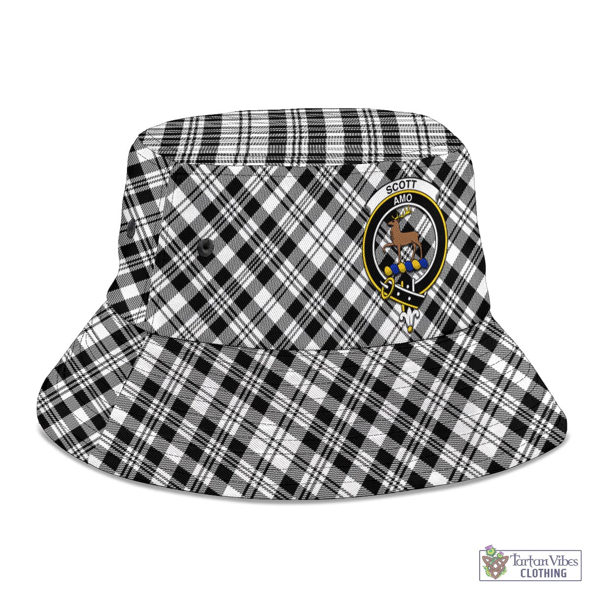 Tartan Vibes Clothing Scott Black White Tartan Bucket Hat with Family Crest