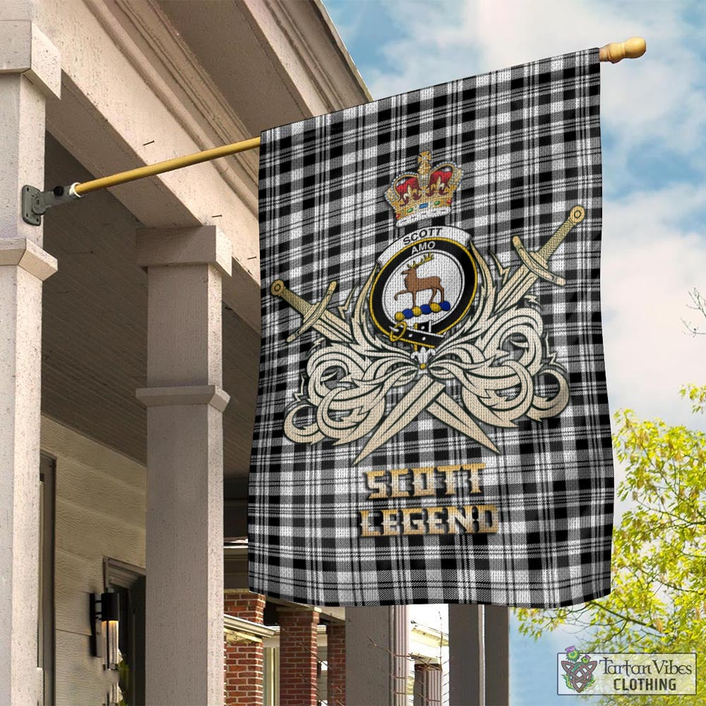 Tartan Vibes Clothing Scott Black White Tartan Flag with Clan Crest and the Golden Sword of Courageous Legacy