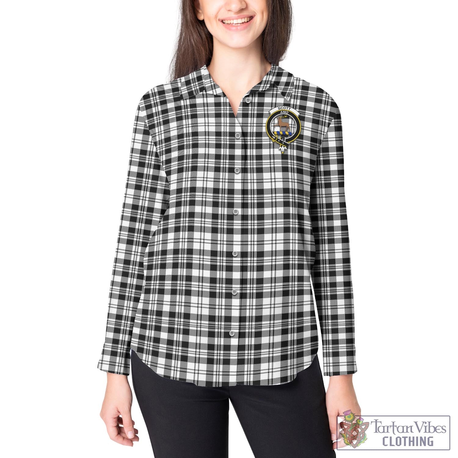 Tartan Vibes Clothing Scott Black White Tartan Womens Casual Shirt with Family Crest