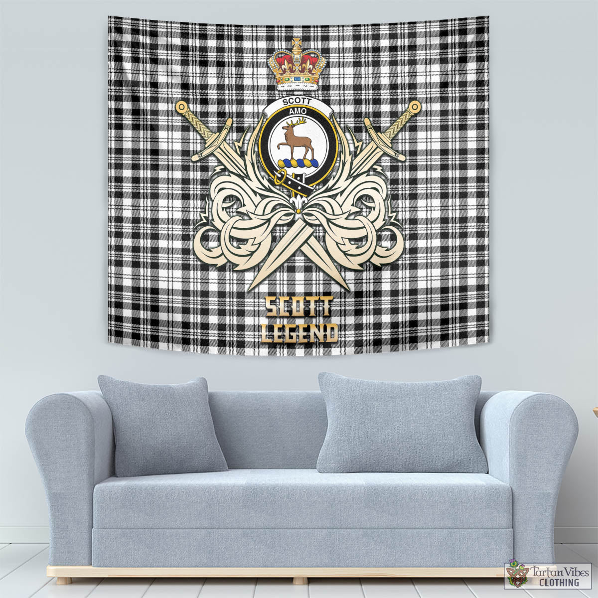 Tartan Vibes Clothing Scott Black White Tartan Tapestry with Clan Crest and the Golden Sword of Courageous Legacy