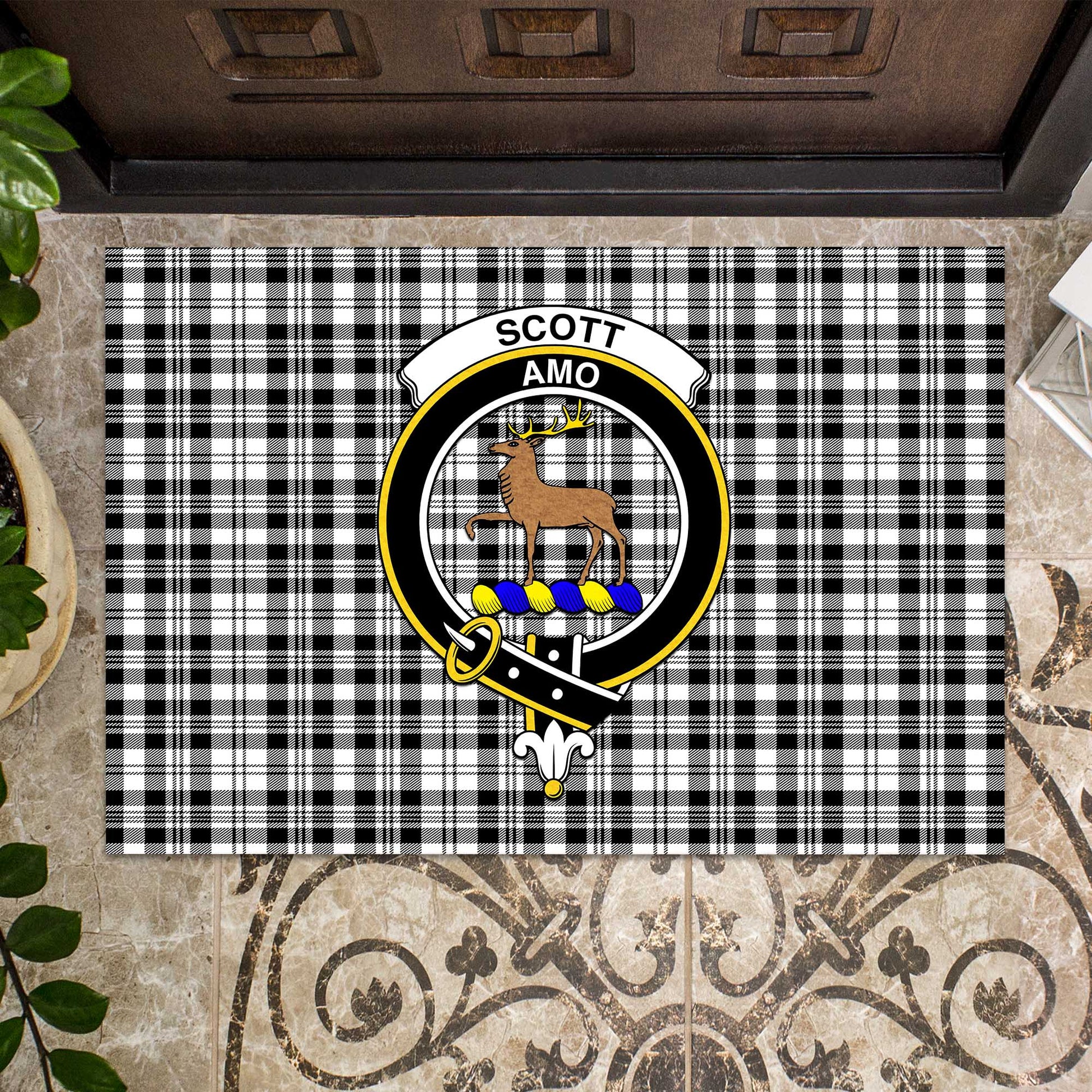 Scott Black White Tartan Door Mat with Family Crest - Tartanvibesclothing Shop
