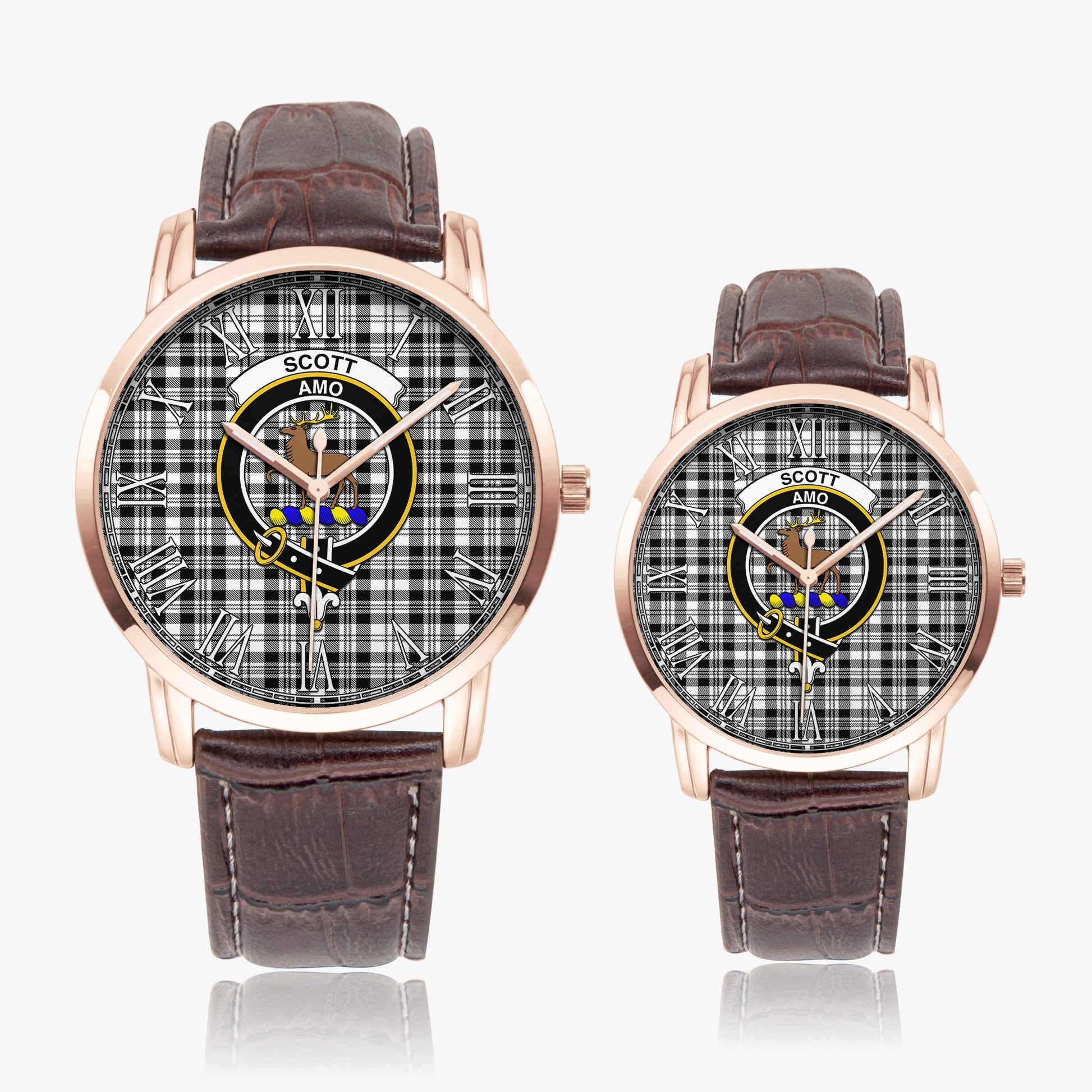 Scott Black White Tartan Family Crest Leather Strap Quartz Watch - Tartanvibesclothing