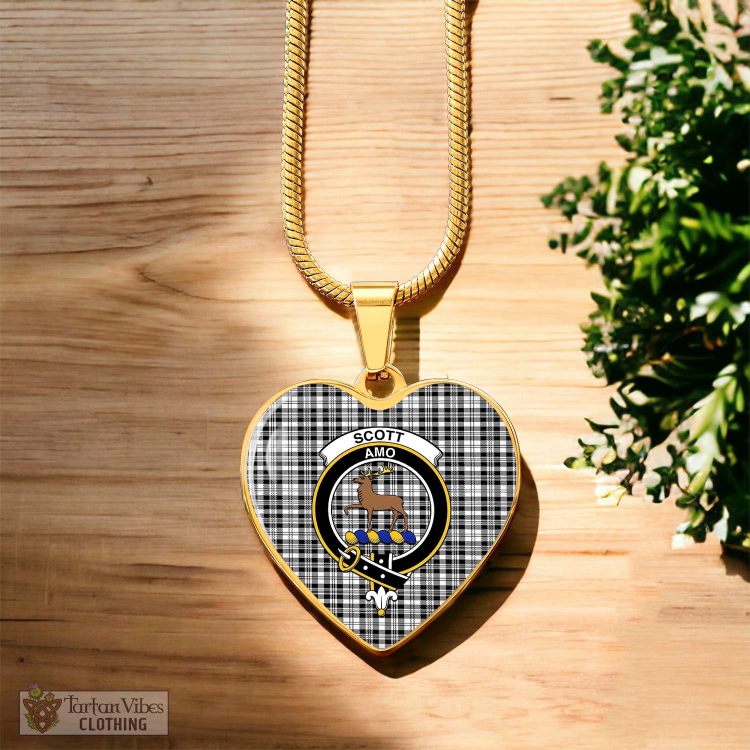 Tartan Vibes Clothing Scott Black White Tartan Heart Necklace with Family Crest