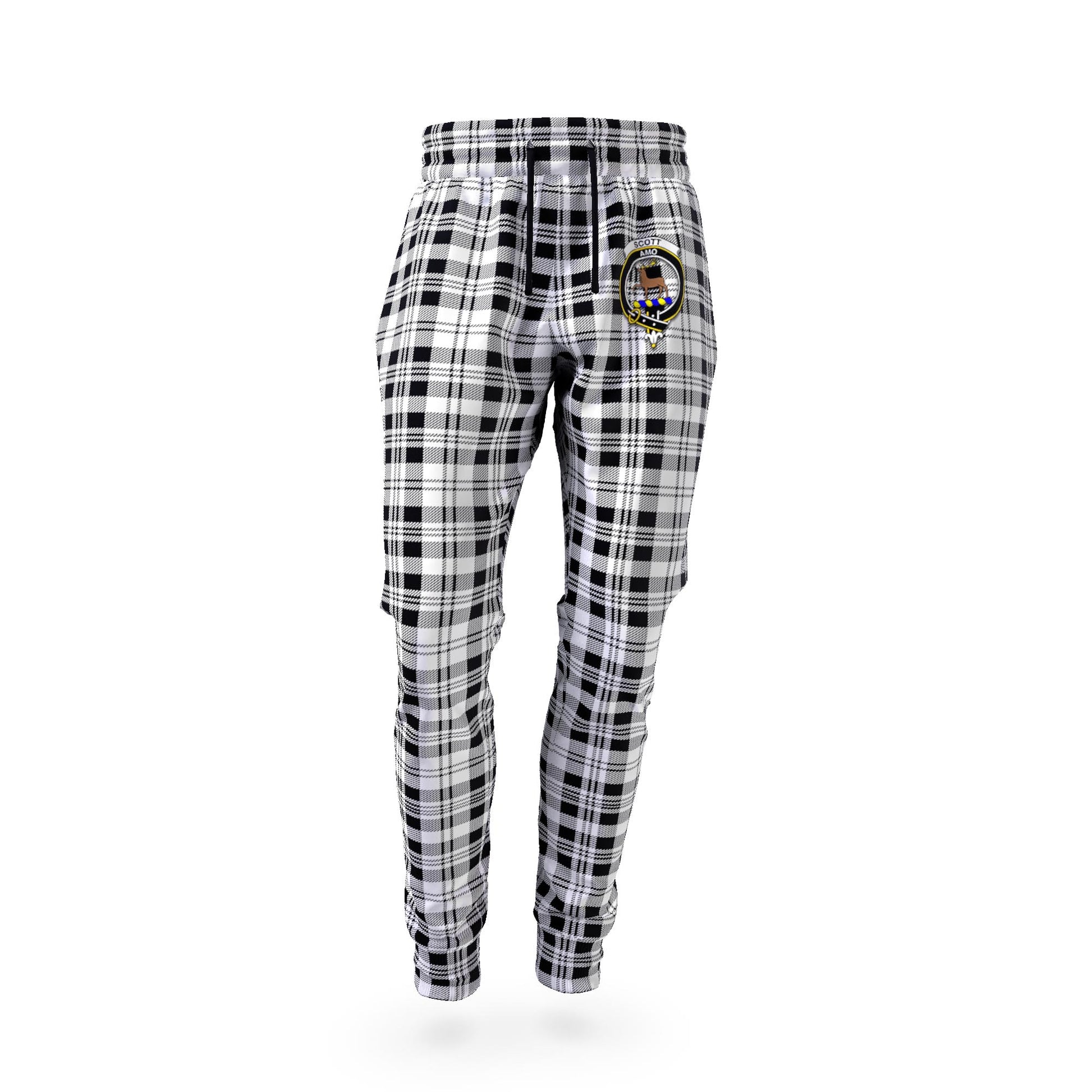 Scott Black White Tartan Joggers Pants with Family Crest - Tartanvibesclothing Shop