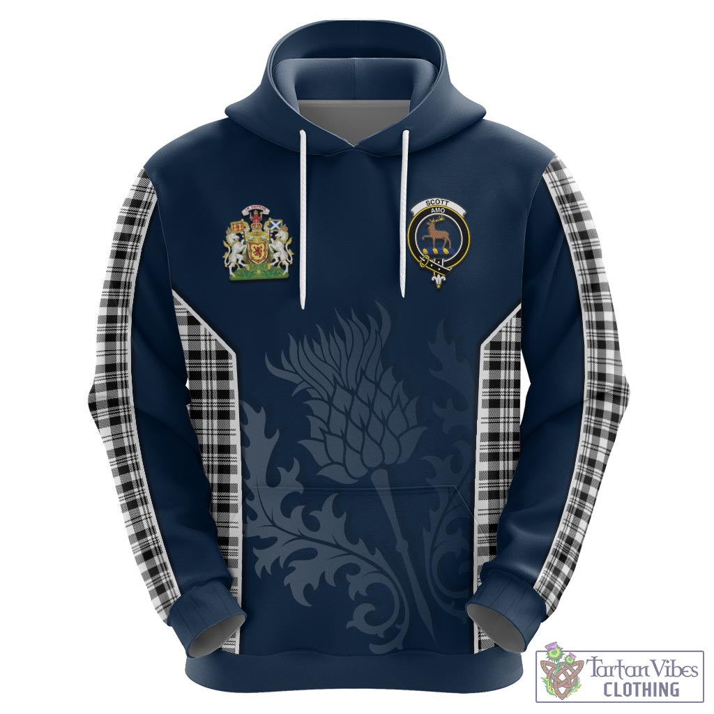 Tartan Vibes Clothing Scott Black White Tartan Hoodie with Family Crest and Scottish Thistle Vibes Sport Style