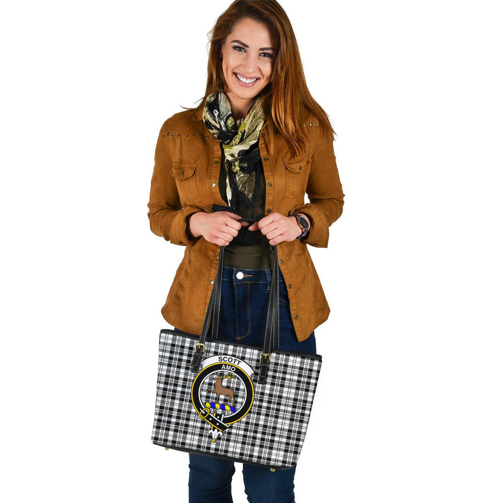 Scott Black White Tartan Leather Tote Bag with Family Crest - Tartan Vibes Clothing