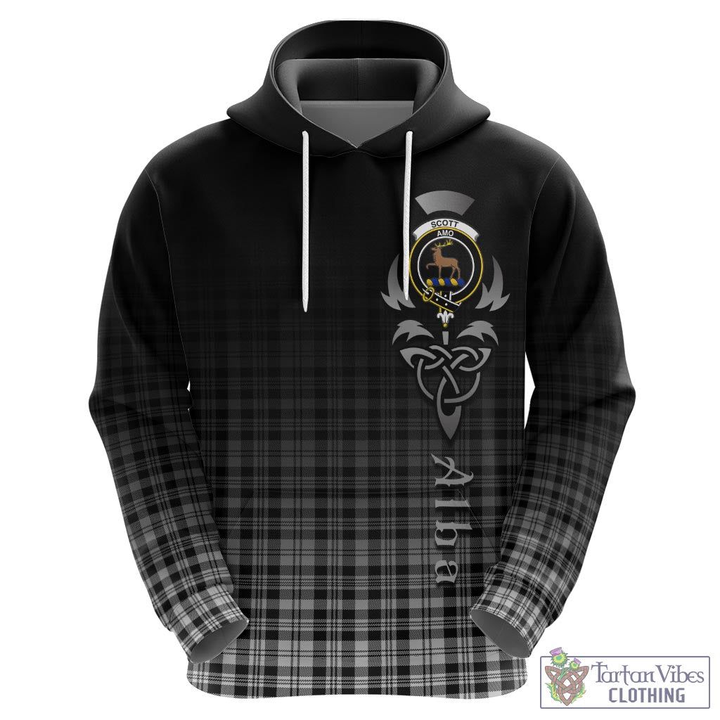 Tartan Vibes Clothing Scott Black White Tartan Hoodie Featuring Alba Gu Brath Family Crest Celtic Inspired