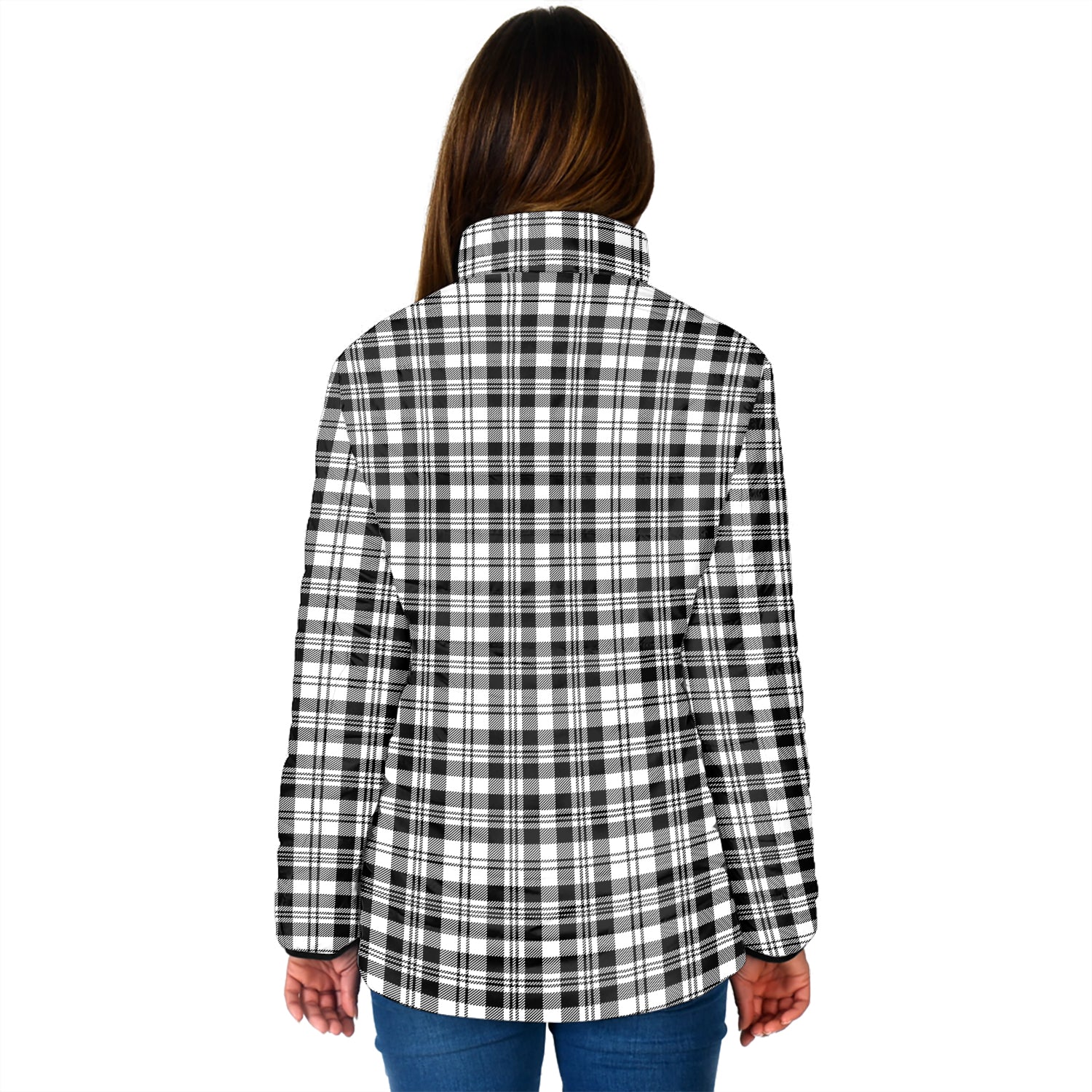 Scott Black White Tartan Padded Jacket with Family Crest - Tartan Vibes Clothing