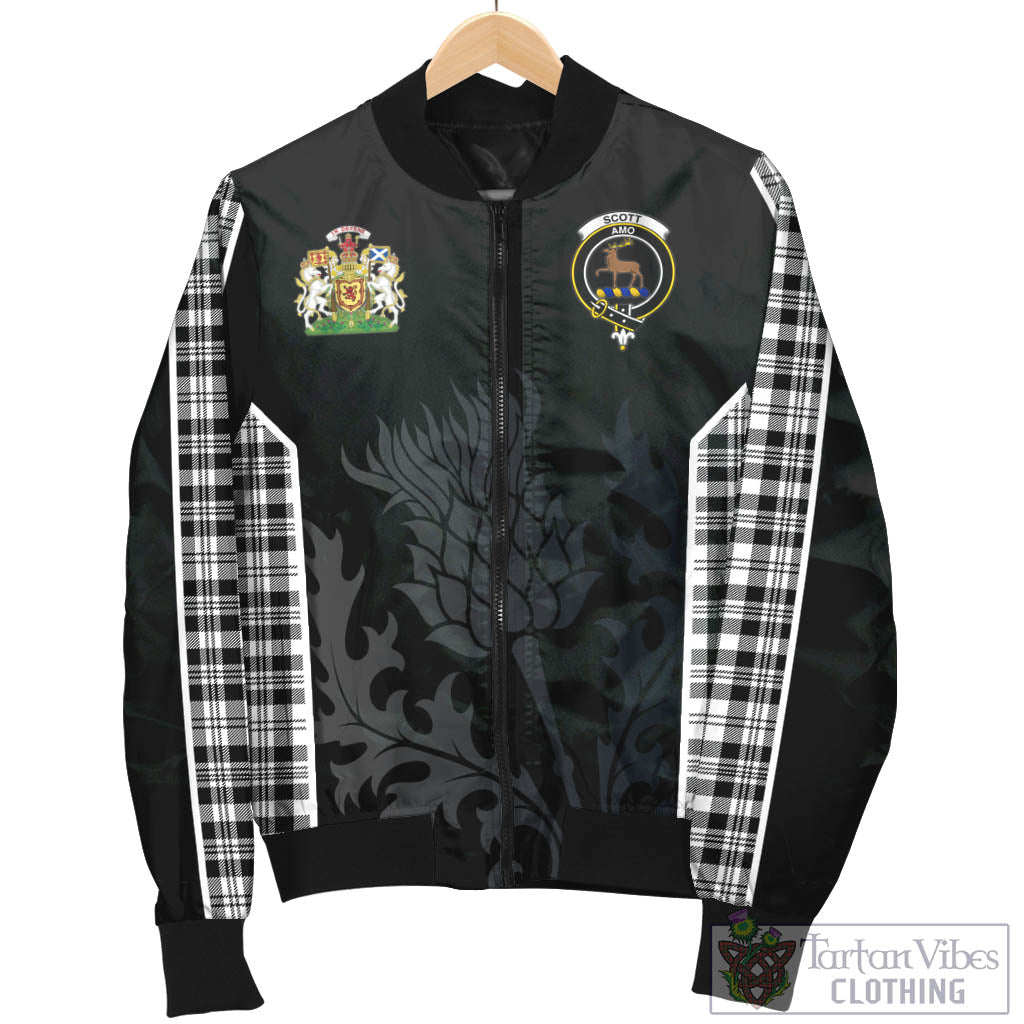 Tartan Vibes Clothing Scott Black White Tartan Bomber Jacket with Family Crest and Scottish Thistle Vibes Sport Style