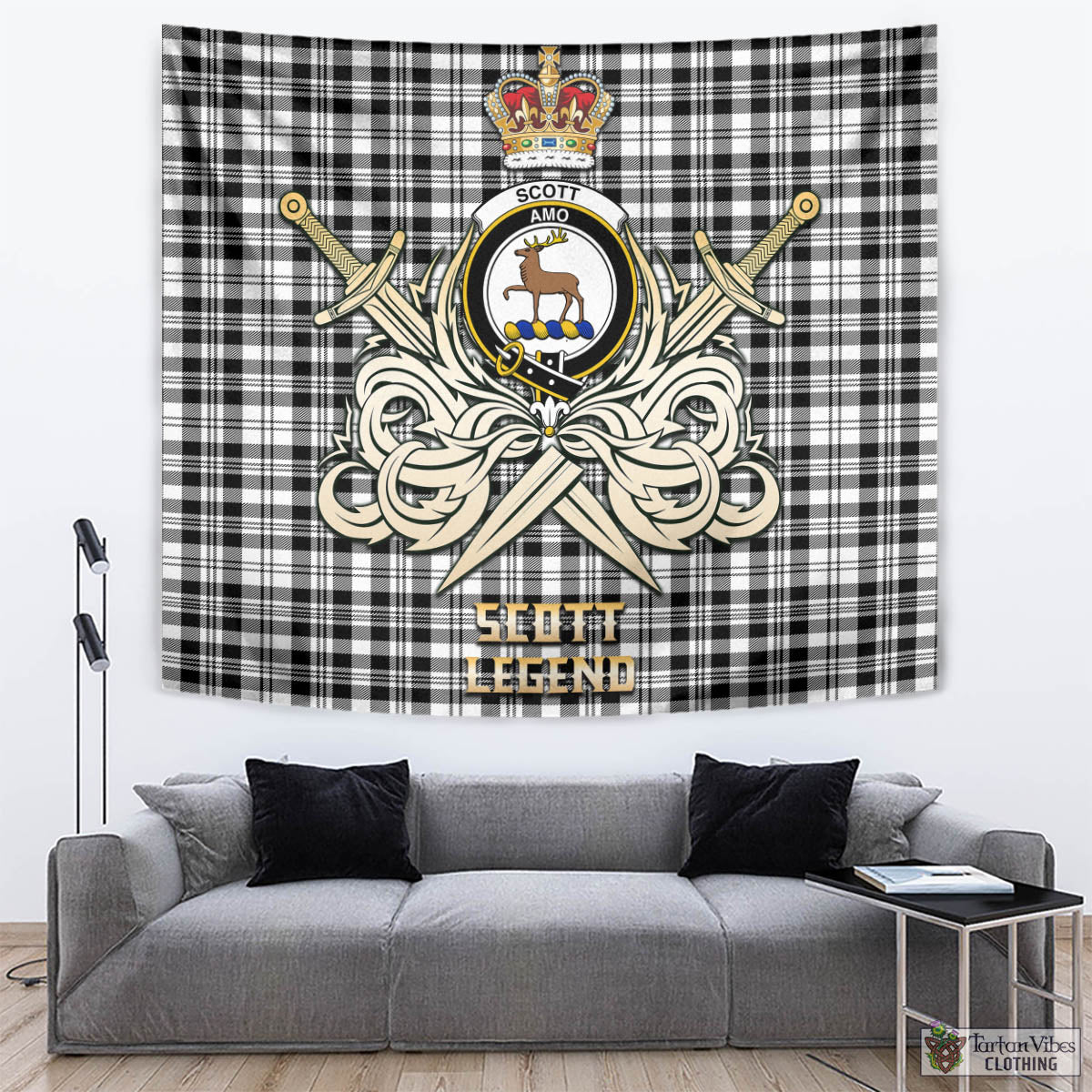 Tartan Vibes Clothing Scott Black White Tartan Tapestry with Clan Crest and the Golden Sword of Courageous Legacy