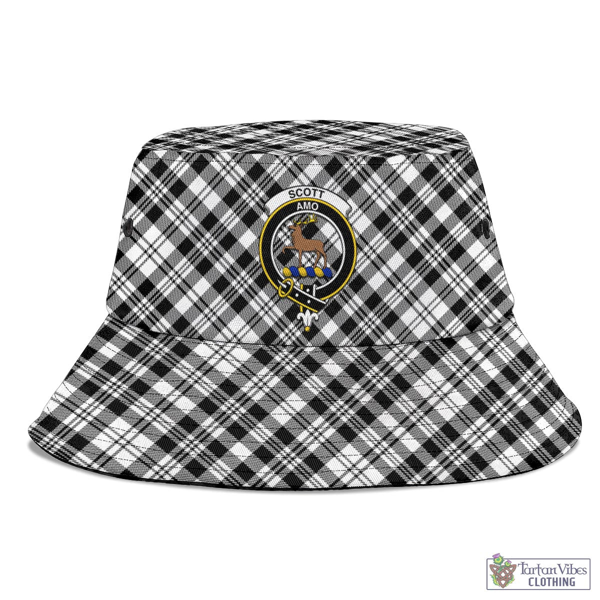 Tartan Vibes Clothing Scott Black White Tartan Bucket Hat with Family Crest