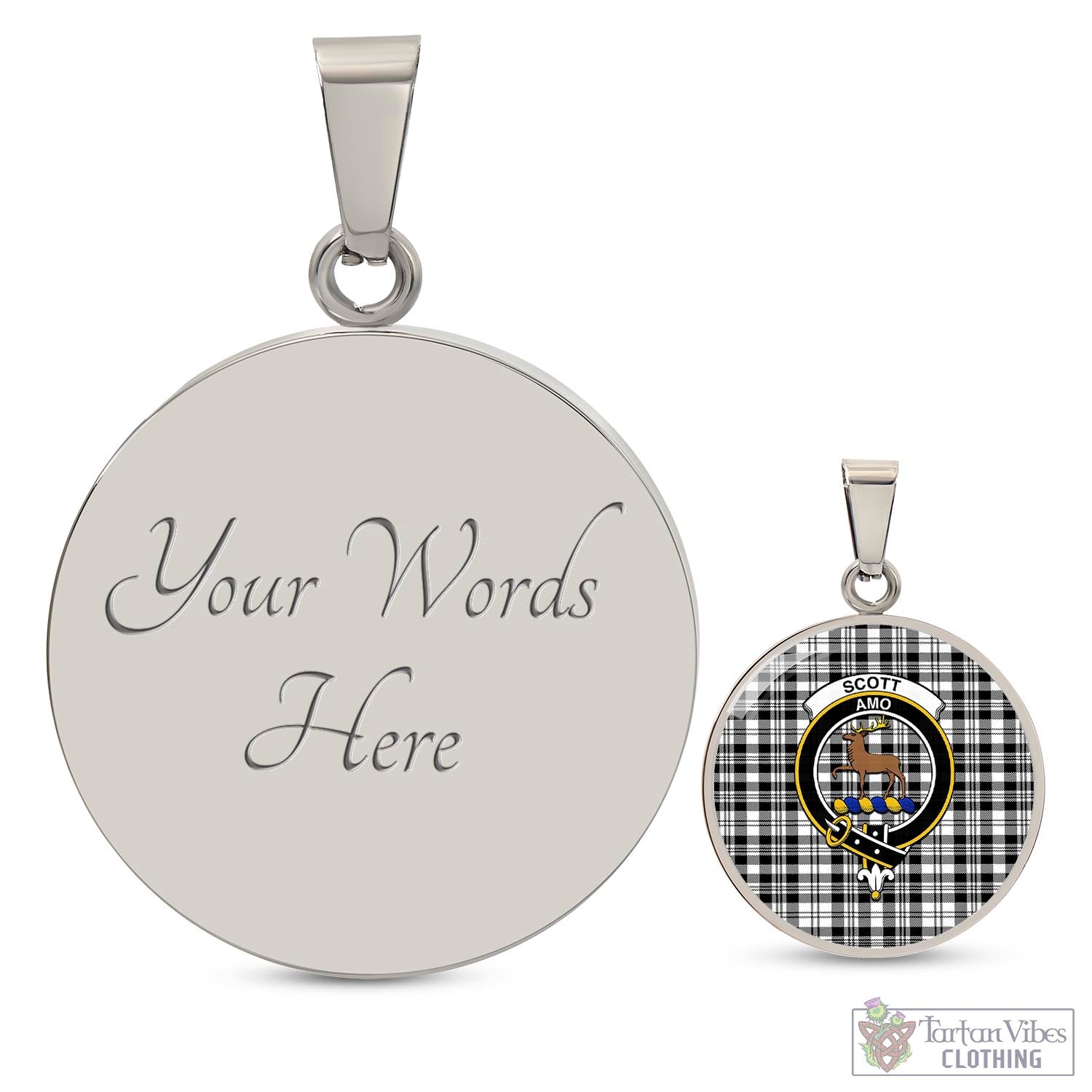 Tartan Vibes Clothing Scott Black White Tartan Circle Necklace with Family Crest