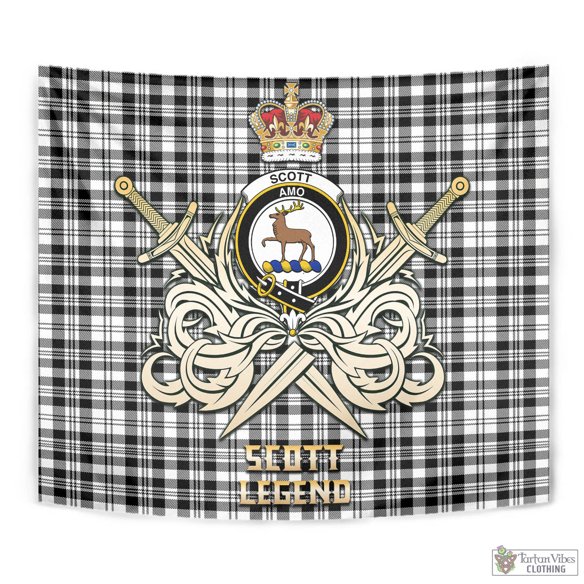 Tartan Vibes Clothing Scott Black White Tartan Tapestry with Clan Crest and the Golden Sword of Courageous Legacy