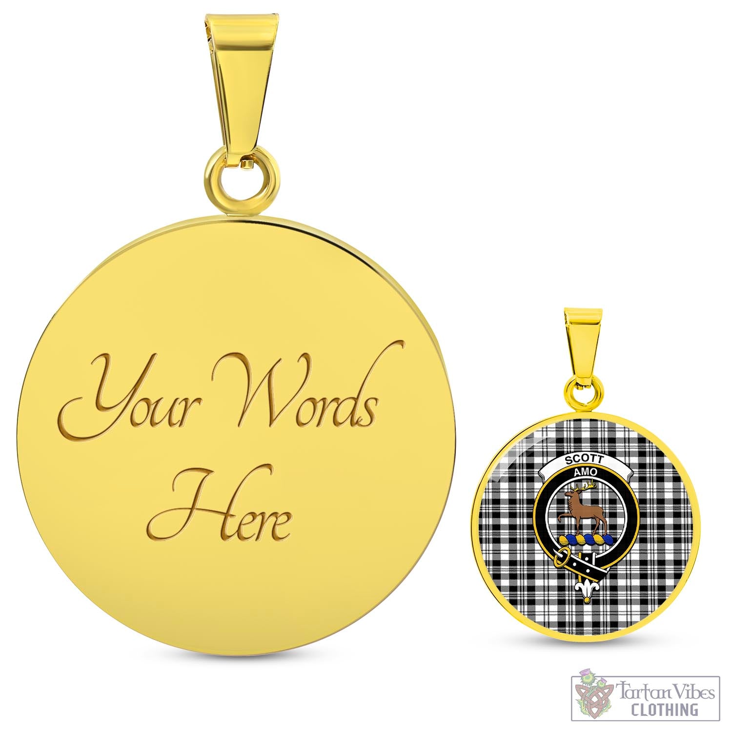 Tartan Vibes Clothing Scott Black White Tartan Circle Necklace with Family Crest