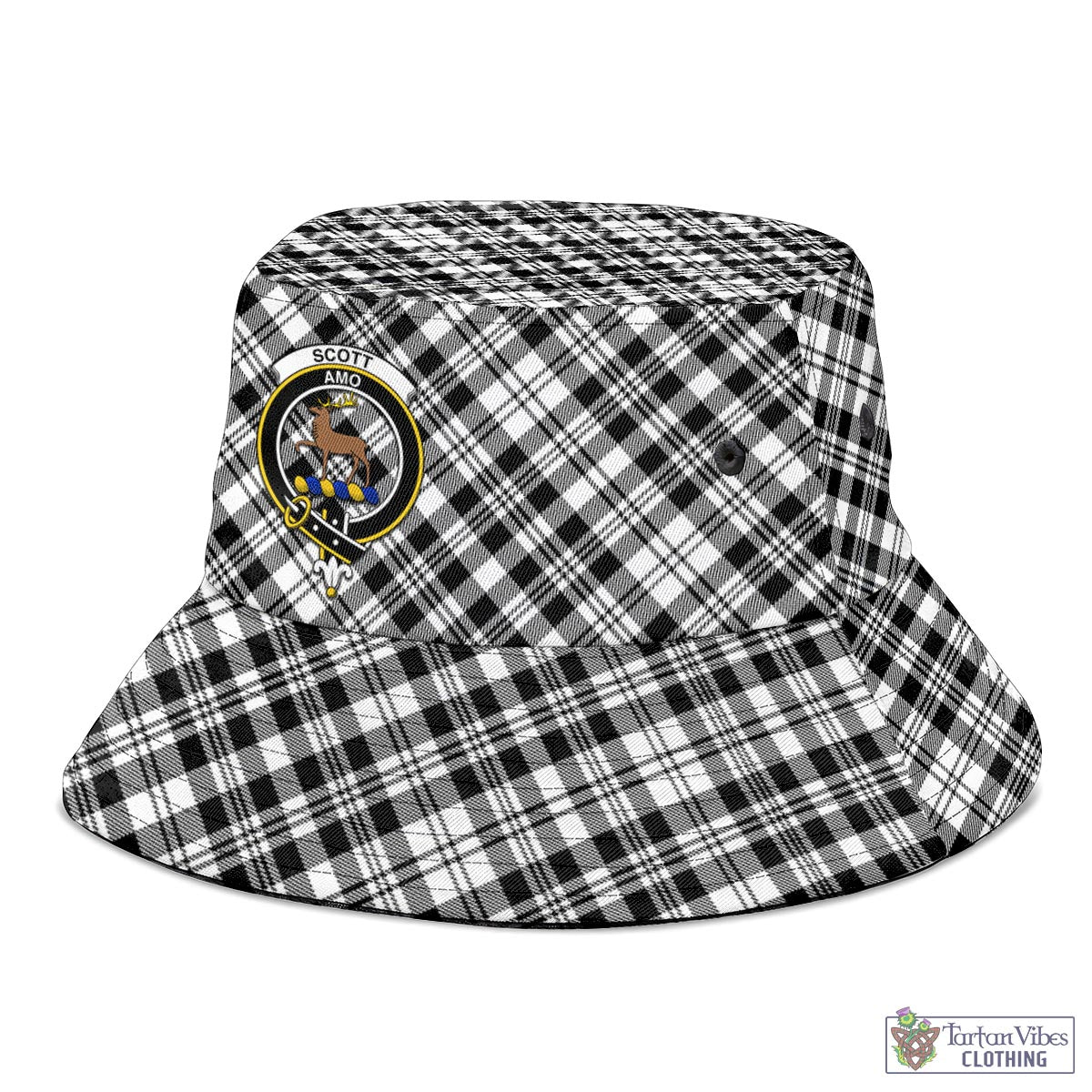 Tartan Vibes Clothing Scott Black White Tartan Bucket Hat with Family Crest