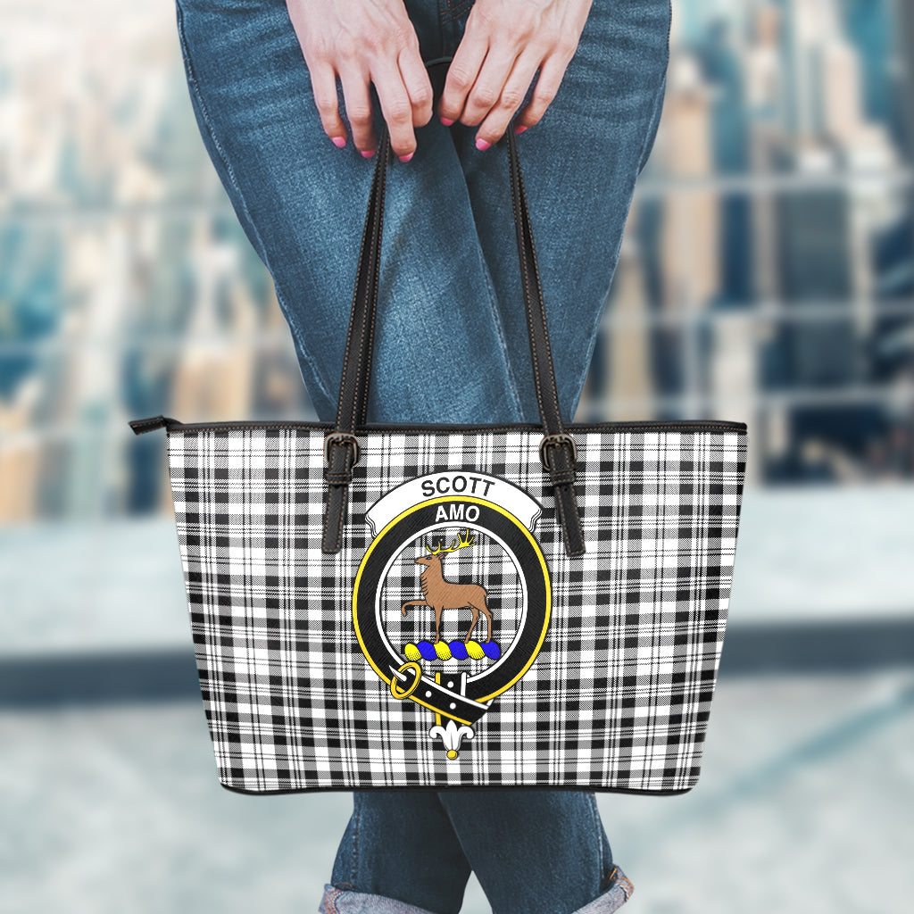 Scott Black White Tartan Leather Tote Bag with Family Crest - Tartan Vibes Clothing