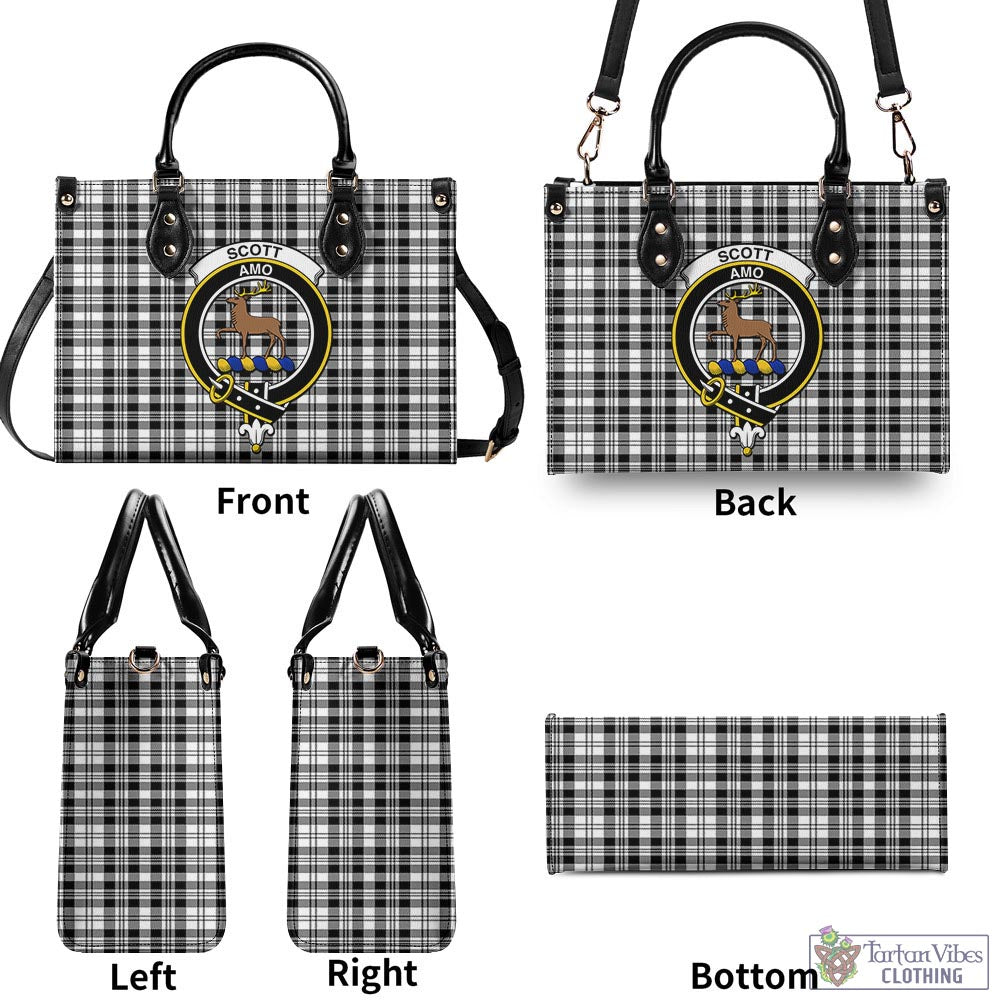 Tartan Vibes Clothing Scott Black White Tartan Luxury Leather Handbags with Family Crest