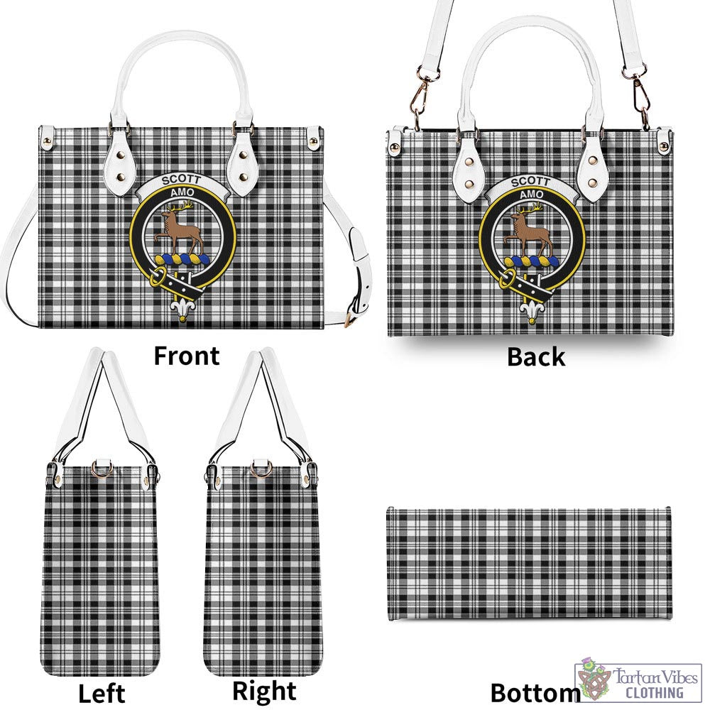 Tartan Vibes Clothing Scott Black White Tartan Luxury Leather Handbags with Family Crest