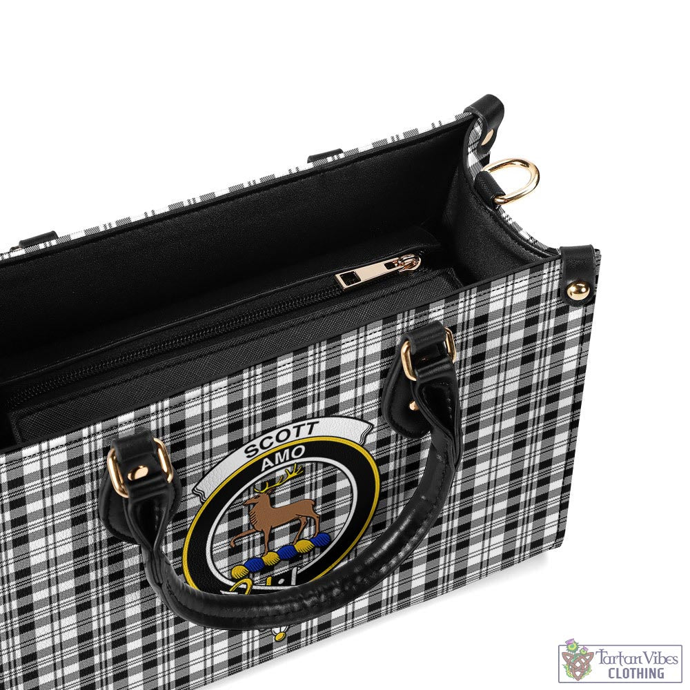 Tartan Vibes Clothing Scott Black White Tartan Luxury Leather Handbags with Family Crest