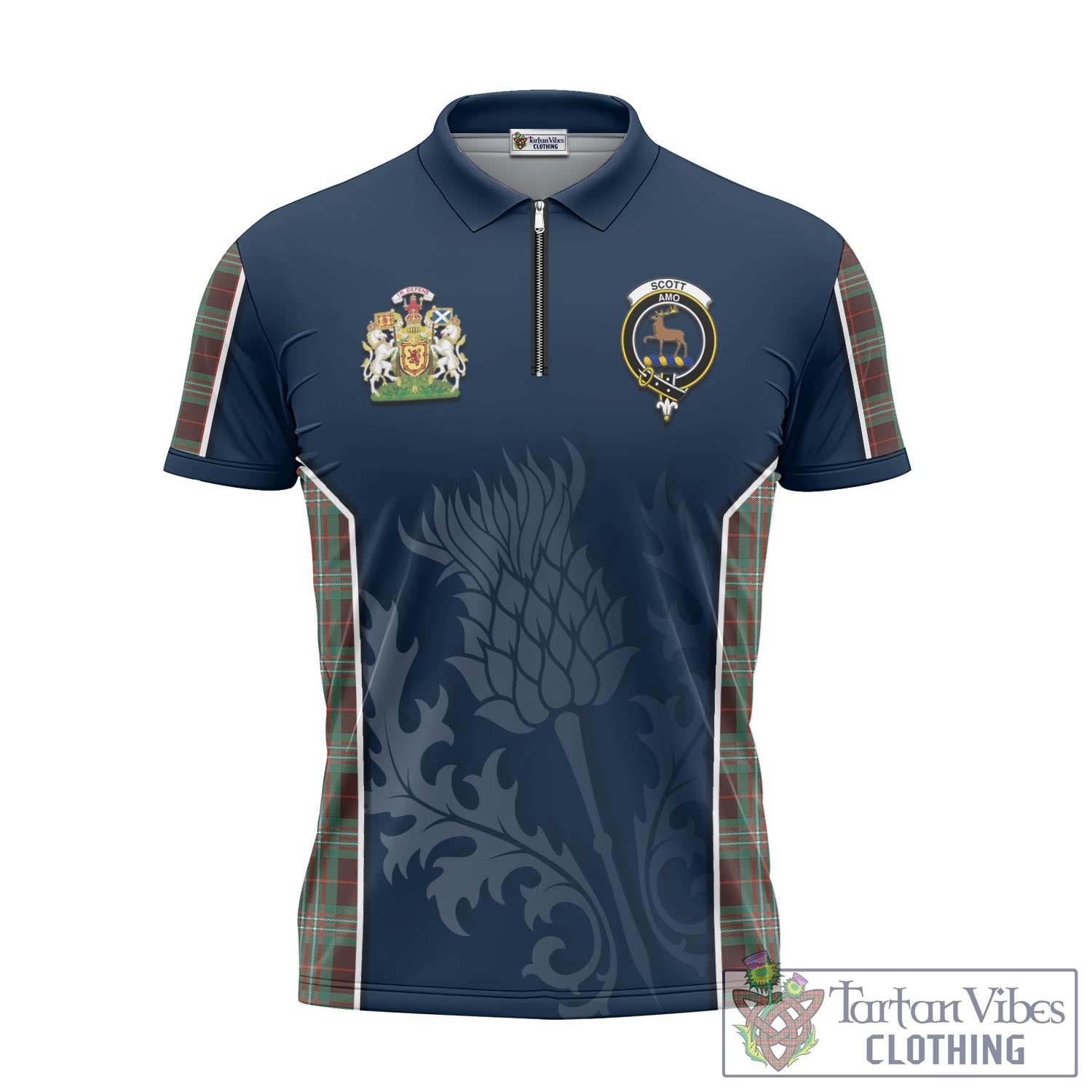 Tartan Vibes Clothing Scott Brown Ancient Tartan Zipper Polo Shirt with Family Crest and Scottish Thistle Vibes Sport Style