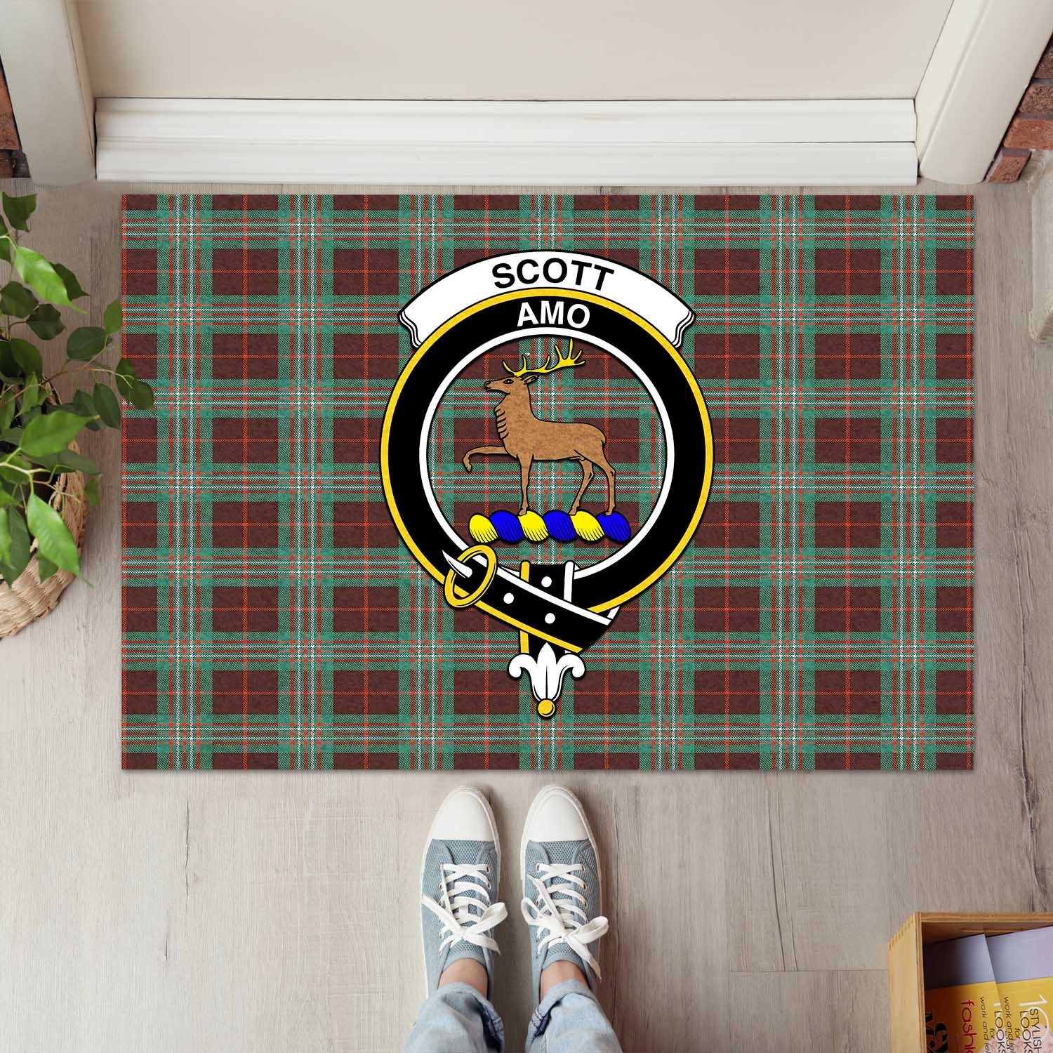 Scott Brown Ancient Tartan Door Mat with Family Crest - Tartanvibesclothing Shop