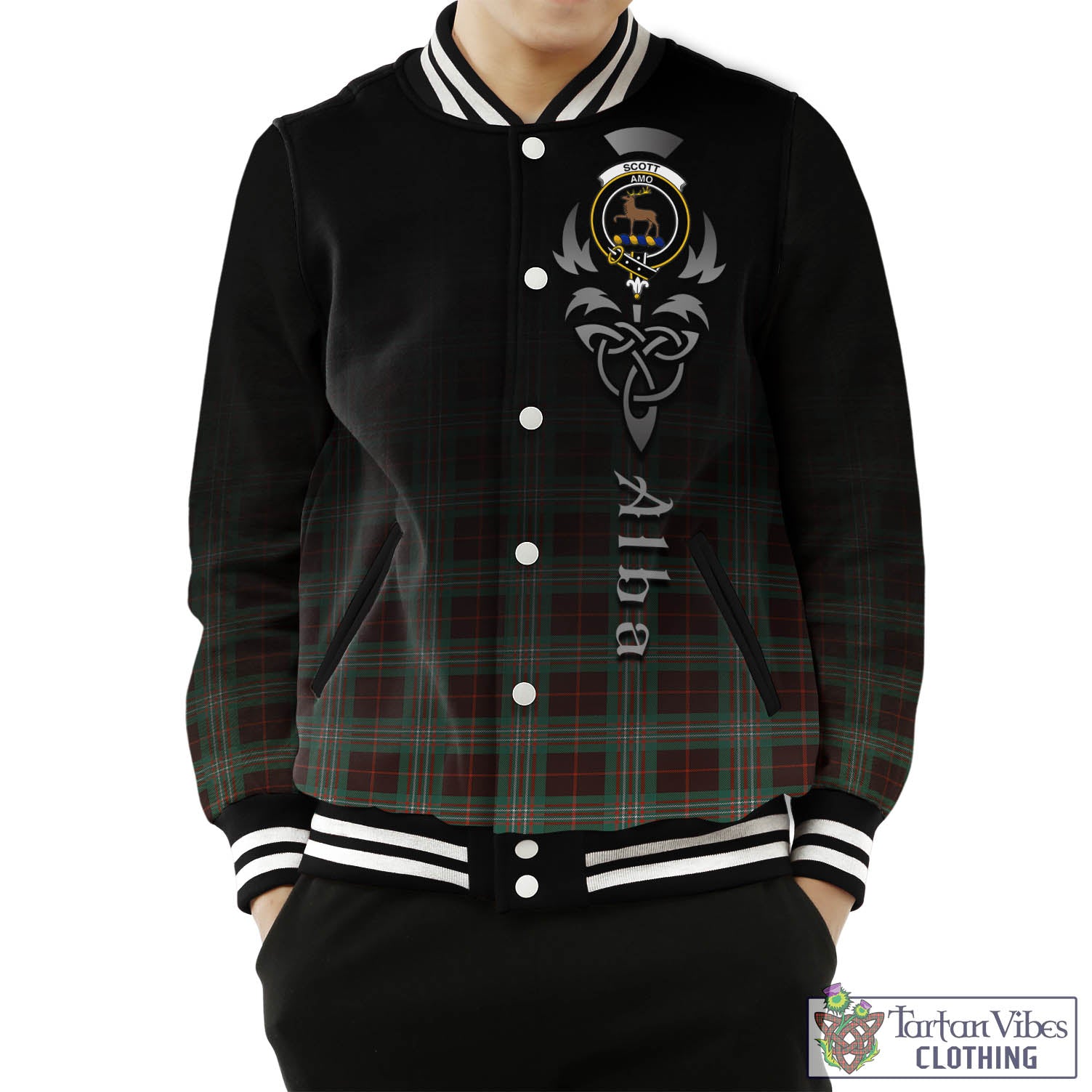 Tartan Vibes Clothing Scott Brown Ancient Tartan Baseball Jacket Featuring Alba Gu Brath Family Crest Celtic Inspired