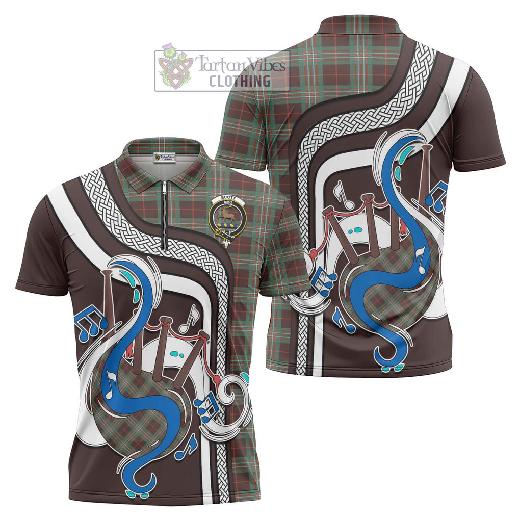 Scott Brown Ancient Tartan Zipper Polo Shirt with Epic Bagpipe Style Unisex - Tartanvibesclothing Shop