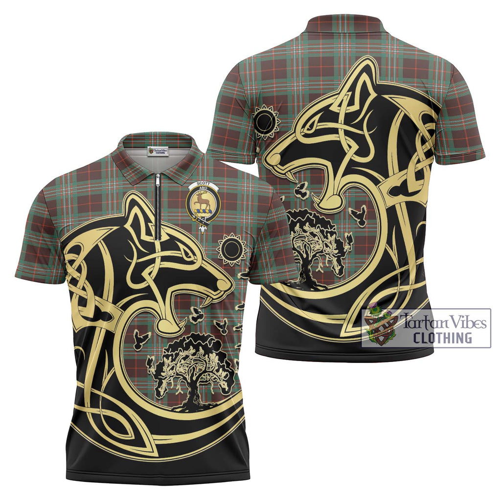 Scott Brown Ancient Tartan Zipper Polo Shirt with Family Crest Celtic Wolf Style Unisex - Tartanvibesclothing Shop