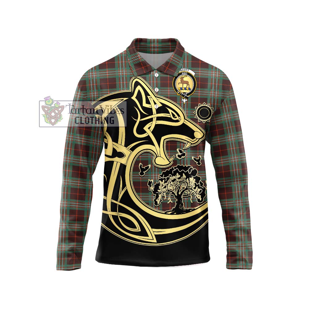 Scott Brown Ancient Tartan Long Sleeve Polo Shirt with Family Crest Celtic Wolf Style Unisex - Tartanvibesclothing Shop