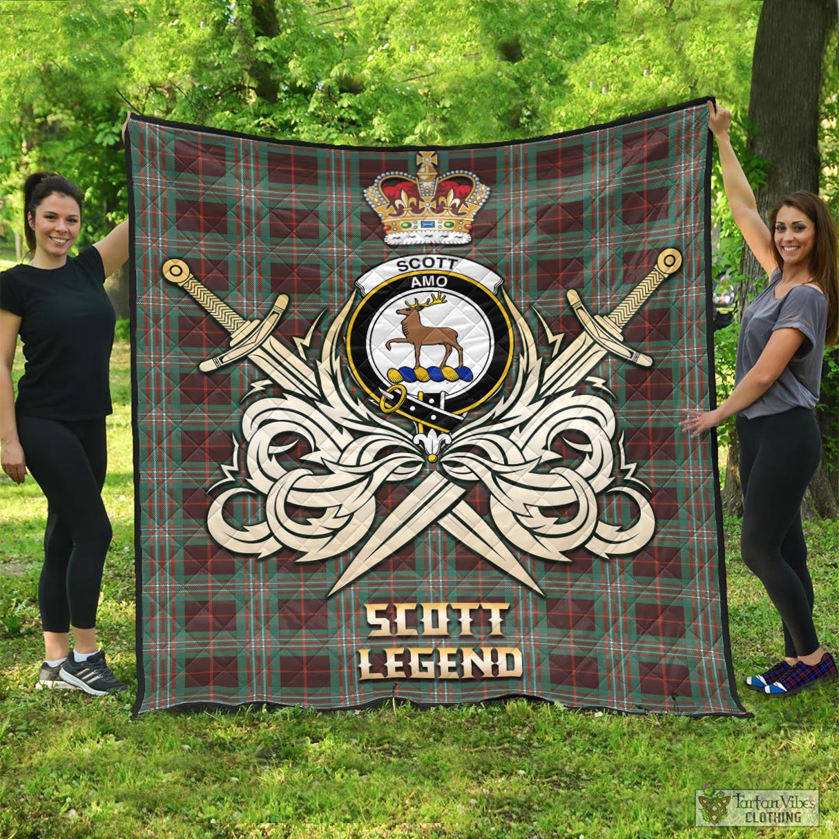 Tartan Vibes Clothing Scott Brown Ancient Tartan Quilt with Clan Crest and the Golden Sword of Courageous Legacy