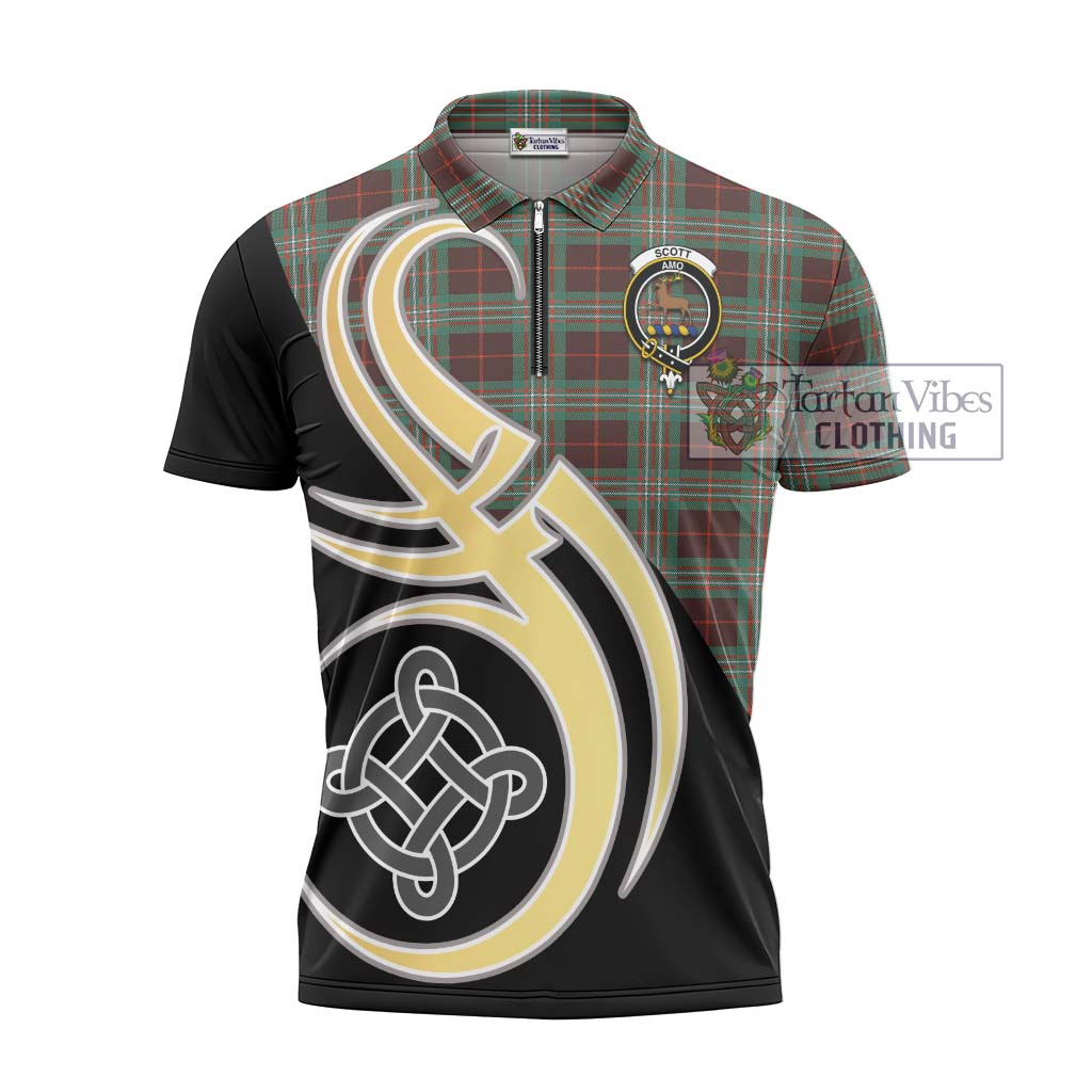 Tartan Vibes Clothing Scott Brown Ancient Tartan Zipper Polo Shirt with Family Crest and Celtic Symbol Style