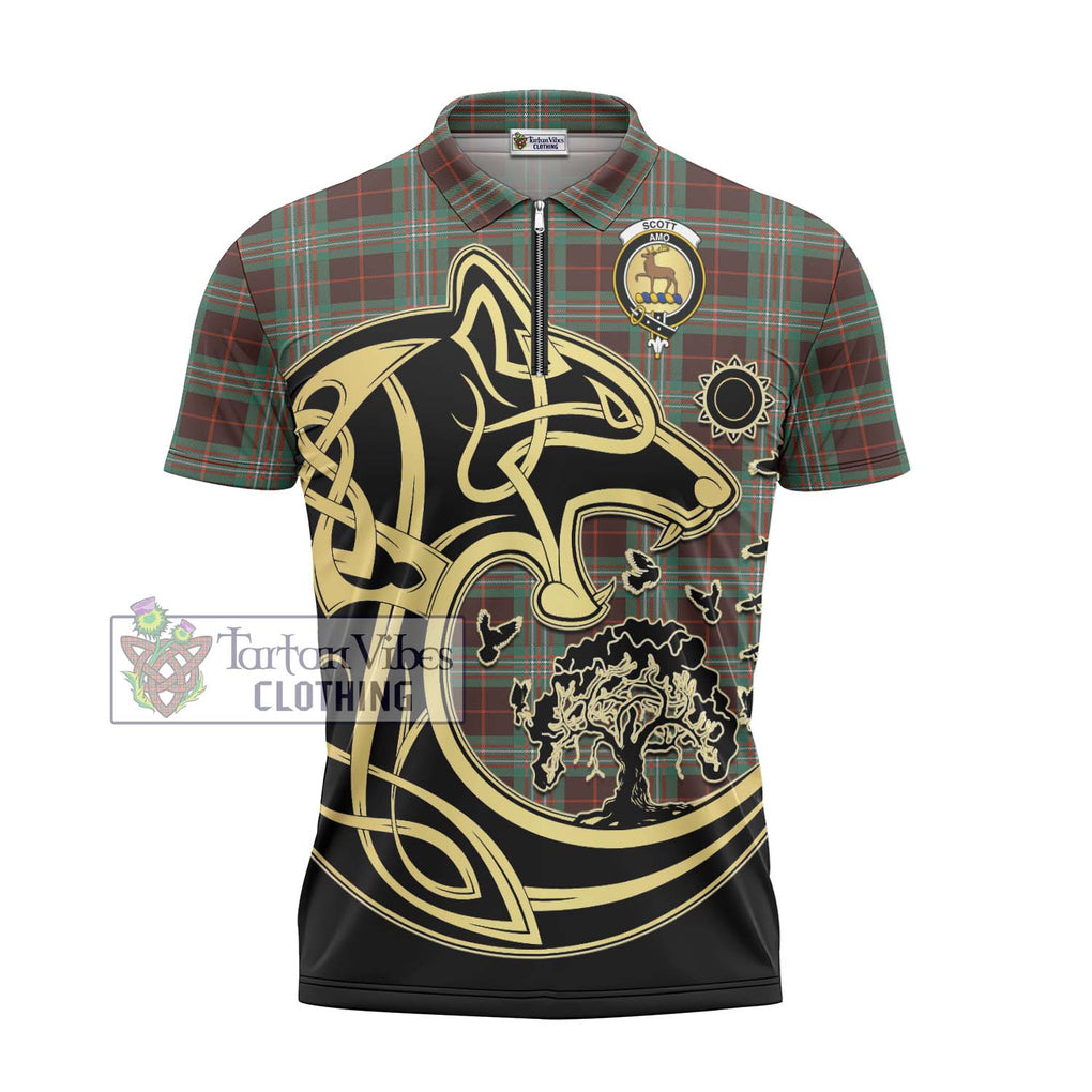 Scott Brown Ancient Tartan Zipper Polo Shirt with Family Crest Celtic Wolf Style - Tartanvibesclothing Shop