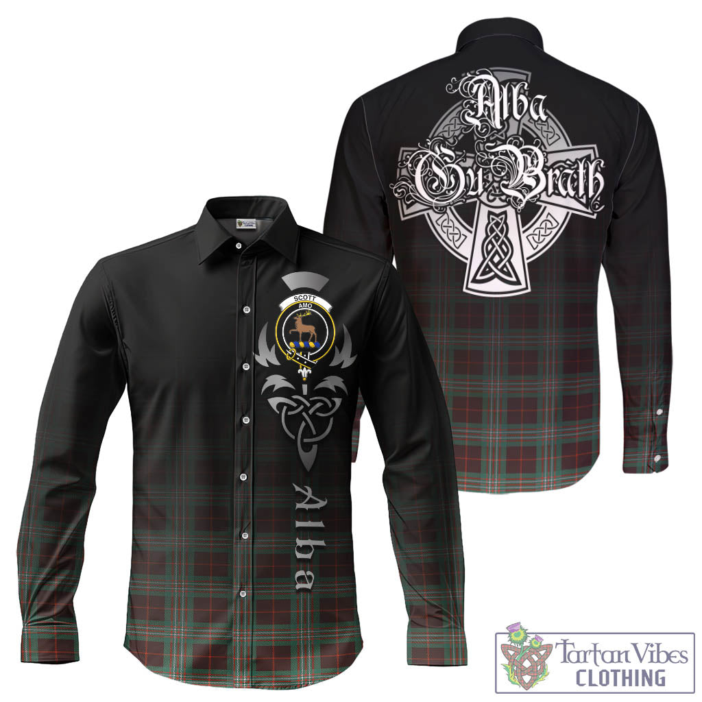 Tartan Vibes Clothing Scott Brown Ancient Tartan Long Sleeve Button Up Featuring Alba Gu Brath Family Crest Celtic Inspired