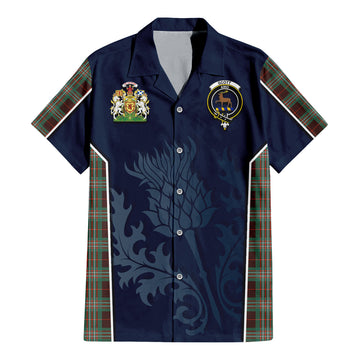 Scott Brown Ancient Tartan Short Sleeve Button Up Shirt with Family Crest and Scottish Thistle Vibes Sport Style