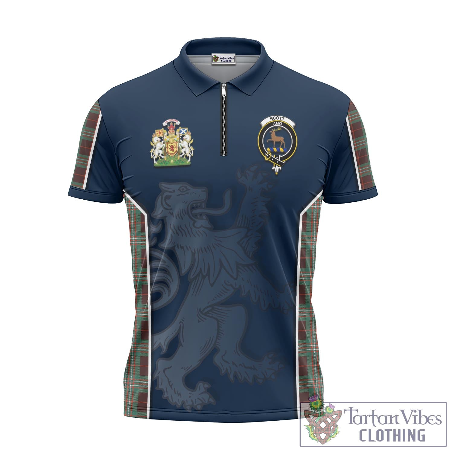 Tartan Vibes Clothing Scott Brown Ancient Tartan Zipper Polo Shirt with Family Crest and Lion Rampant Vibes Sport Style