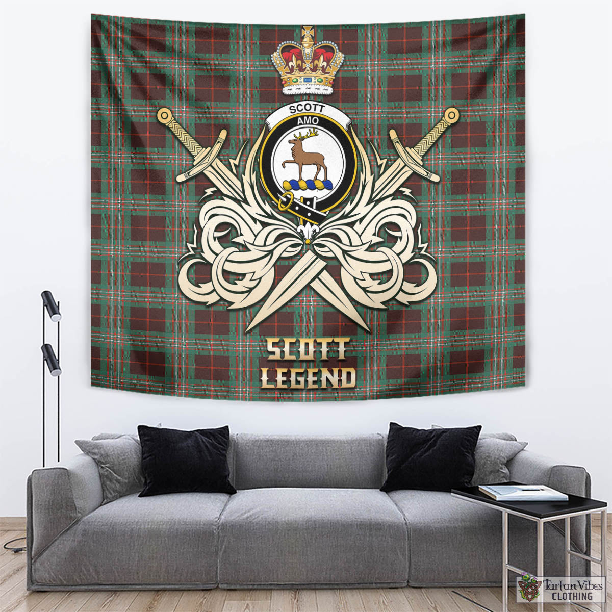 Tartan Vibes Clothing Scott Brown Ancient Tartan Tapestry with Clan Crest and the Golden Sword of Courageous Legacy