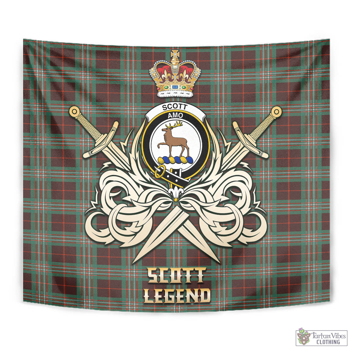 Tartan Vibes Clothing Scott Brown Ancient Tartan Tapestry with Clan Crest and the Golden Sword of Courageous Legacy