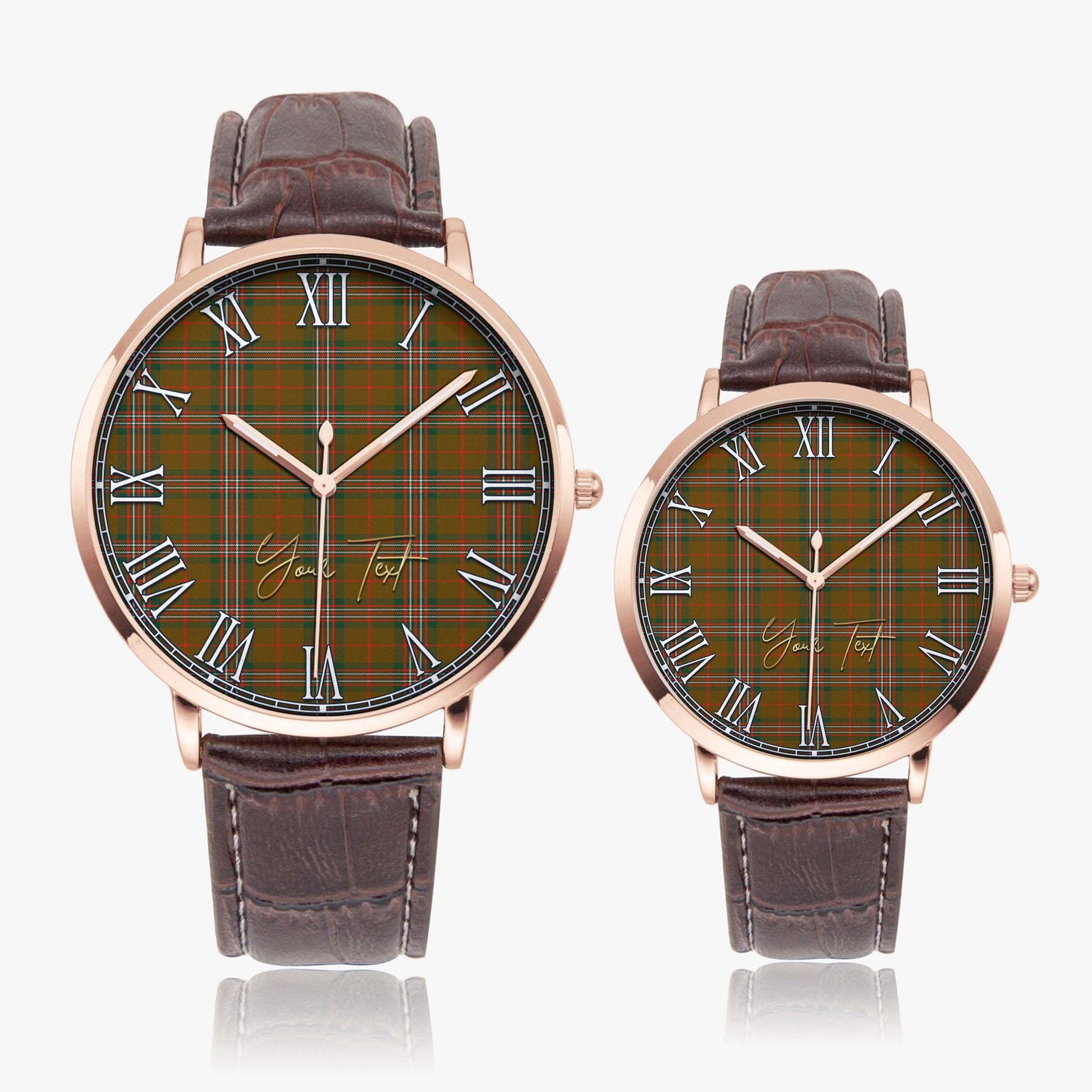 Scott Brown Modern Tartan Personalized Your Text Leather Trap Quartz Watch Ultra Thin Rose Gold Case With Brown Leather Strap - Tartanvibesclothing