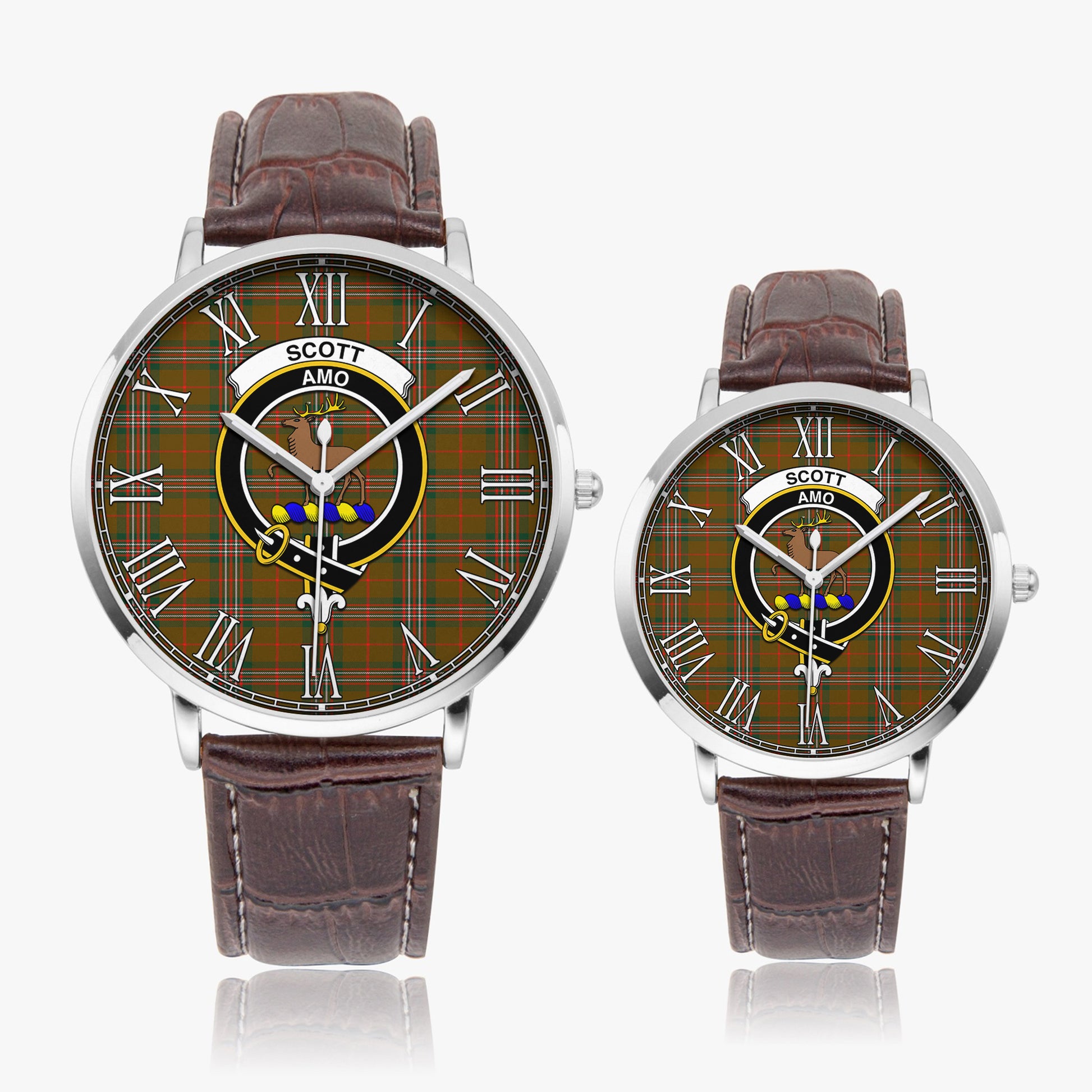 Scott Brown Modern Tartan Family Crest Leather Strap Quartz Watch - Tartanvibesclothing