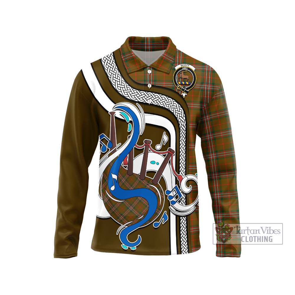 Tartan Vibes Clothing Scott Brown Modern Tartan Long Sleeve Polo Shirt with Epic Bagpipe Style