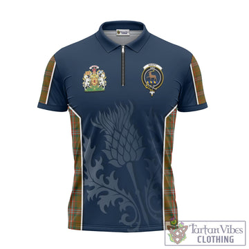 Scott Brown Modern Tartan Zipper Polo Shirt with Family Crest and Scottish Thistle Vibes Sport Style