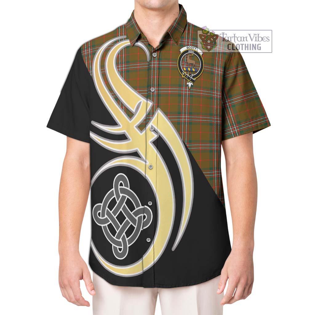 Scott Brown Modern Tartan Short Sleeve Button Shirt with Family Crest and Celtic Symbol Style Kid - Tartan Vibes Clothing